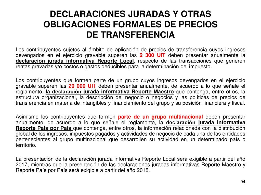 DECLARACIONES JURADAS Y OTRAS OBLIGACIONES FORMALES DE PRECIOS DE TRANSFERENCIA