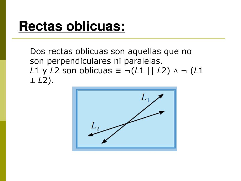 Rectas oblicuas: Dos rectas oblicuas son aquellas que no son perpendiculares ni paralelas.