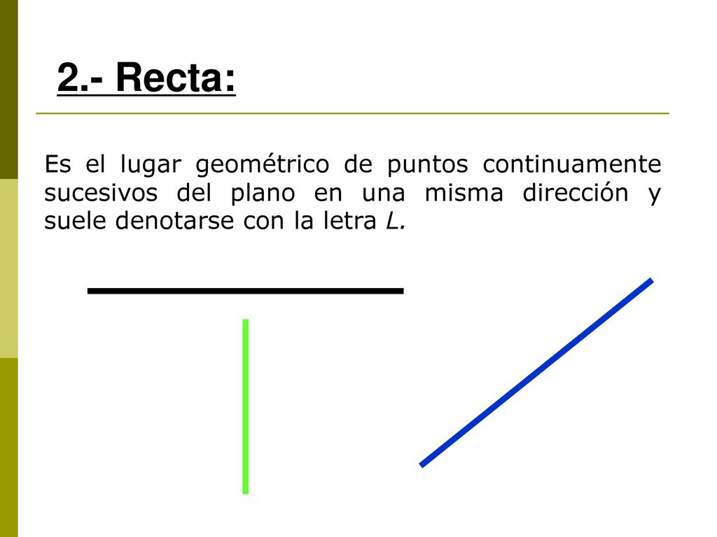2.- Recta: Es el lugar geométrico de puntos continuamente sucesivos del plano en una misma dirección y suele denotarse con la letra L.
