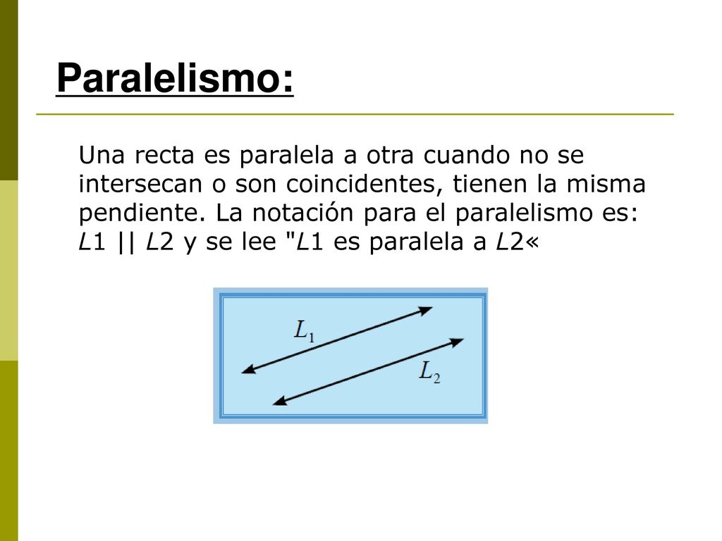 Paralelismo: Una recta es paralela a otra cuando no se intersecan o son coincidentes, tienen la misma.