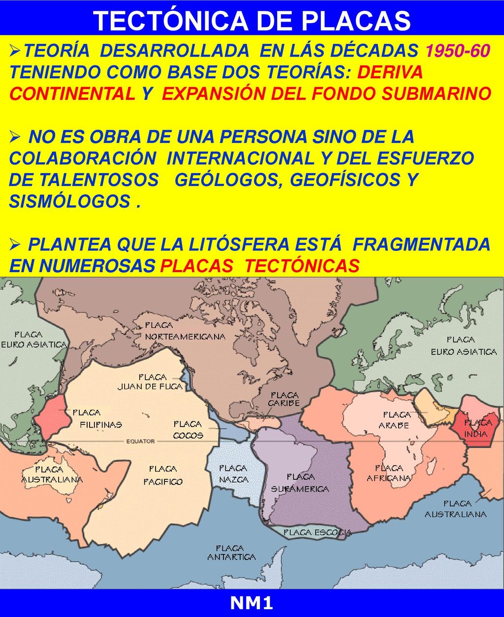 TECTÓNICA DE PLACAS TEORÍA DESARROLLADA EN LÁS DÉCADAS TENIENDO COMO BASE DOS TEORÍAS: DERIVA CONTINENTAL Y EXPANSIÓN DEL FONDO SUBMARINO.
