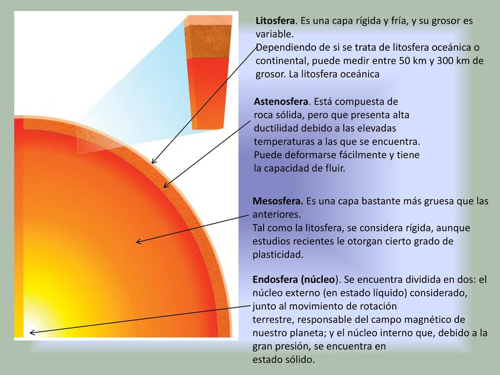 Litosfera. Es una capa rígida y fría, y su grosor es variable.