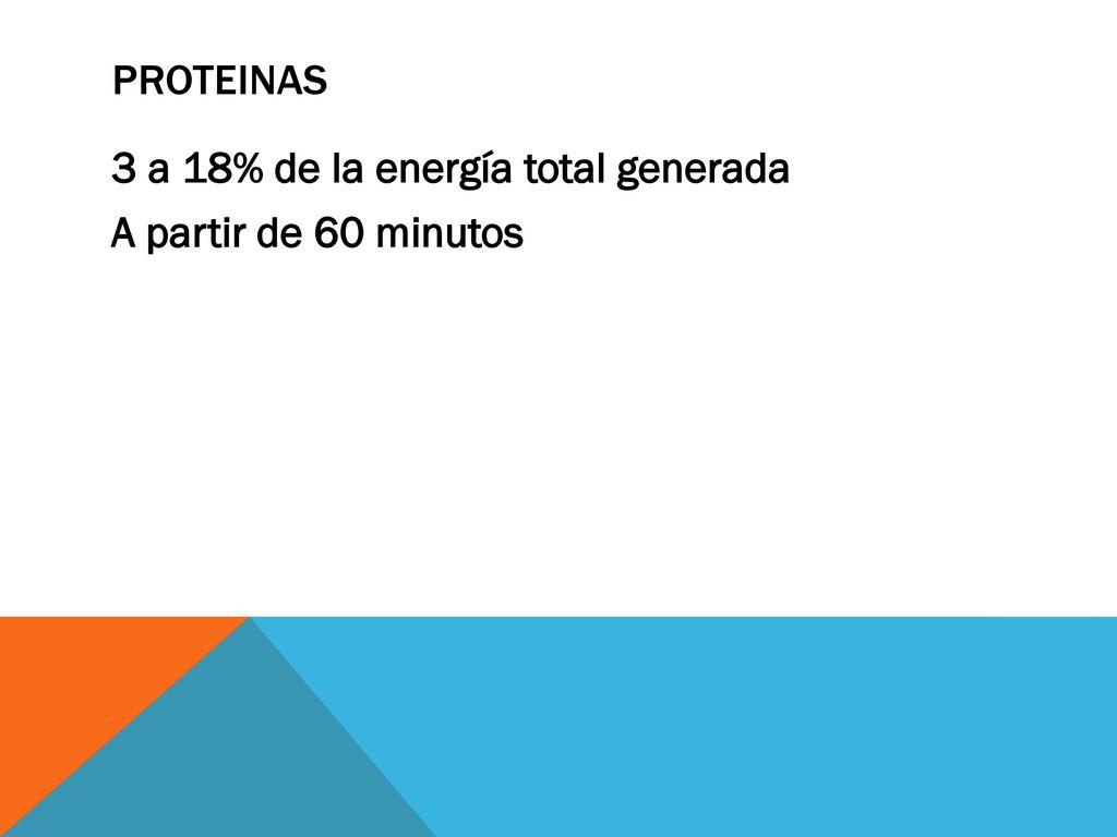 Proteinas 3 a 18% de la energía total generada A partir de 60 minutos