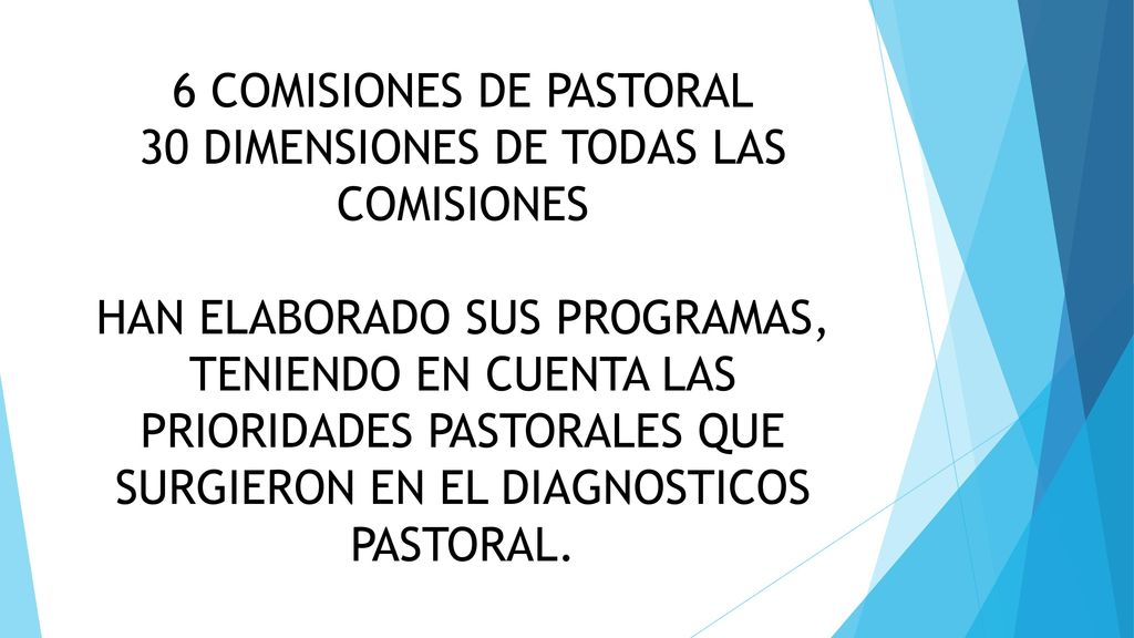 6 COMISIONES DE PASTORAL 30 DIMENSIONES DE TODAS LAS COMISIONES HAN ELABORADO SUS PROGRAMAS, TENIENDO EN CUENTA LAS PRIORIDADES PASTORALES QUE SURGIERON EN EL DIAGNOSTICOS PASTORAL.