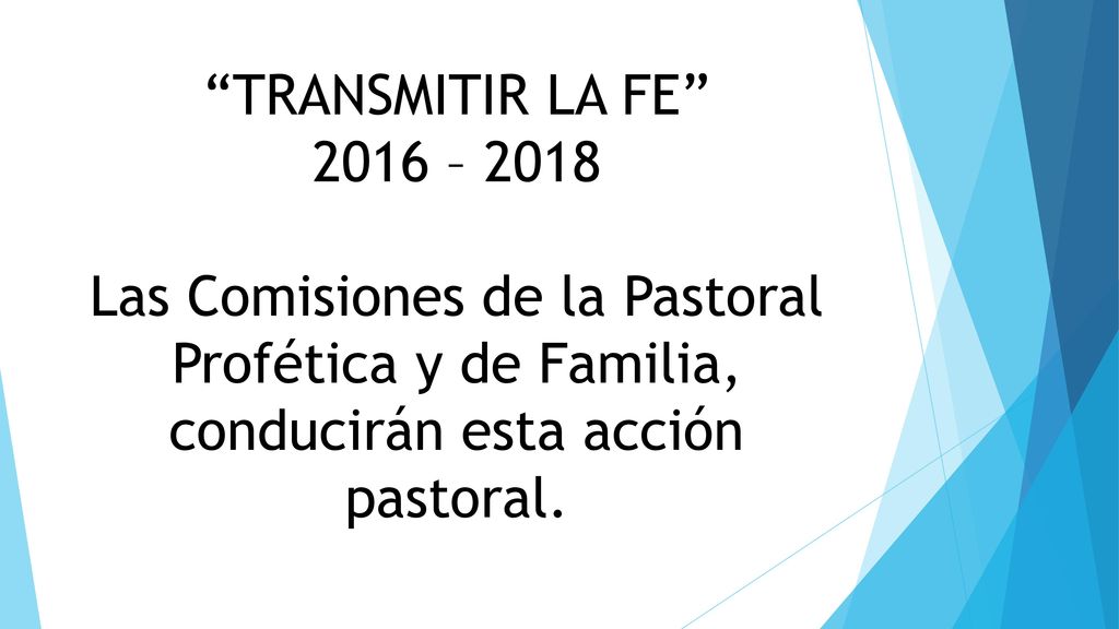 TRANSMITIR LA FE 2016 – 2018 Las Comisiones de la Pastoral Profética y de Familia, conducirán esta acción pastoral.