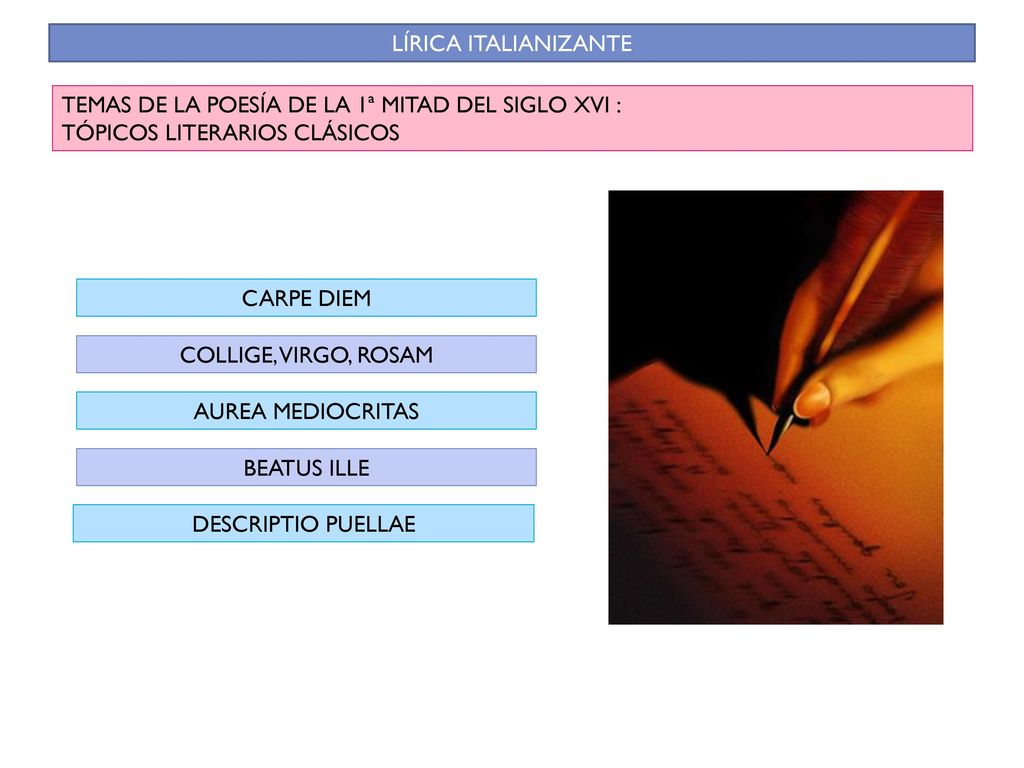 LÍRICA ITALIANIZANTE TEMAS DE LA POESÍA DE LA 1ª MITAD DEL SIGLO XVI : TÓPICOS LITERARIOS CLÁSICOS.