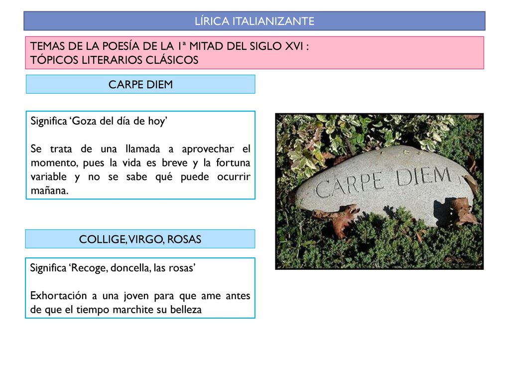 LÍRICA ITALIANIZANTE TEMAS DE LA POESÍA DE LA 1ª MITAD DEL SIGLO XVI : TÓPICOS LITERARIOS CLÁSICOS.