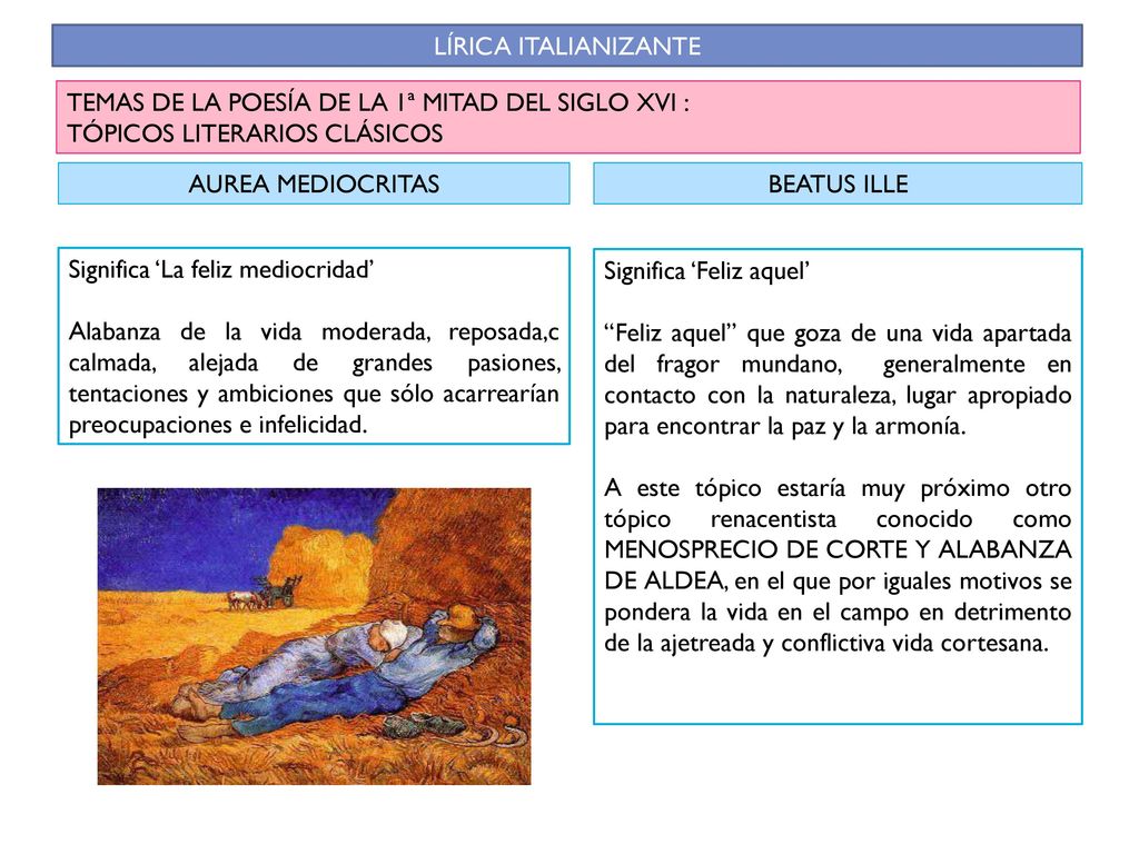 LÍRICA ITALIANIZANTE TEMAS DE LA POESÍA DE LA 1ª MITAD DEL SIGLO XVI : TÓPICOS LITERARIOS CLÁSICOS.