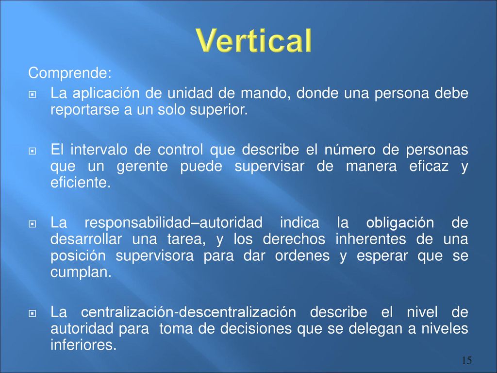 Vertical Comprende: La aplicación de unidad de mando, donde una persona debe reportarse a un solo superior.