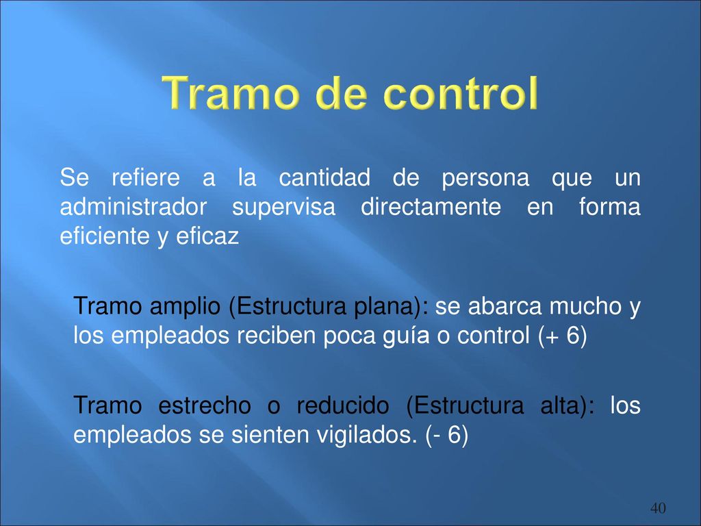 Tramo de control Se refiere a la cantidad de persona que un administrador supervisa directamente en forma eficiente y eficaz.