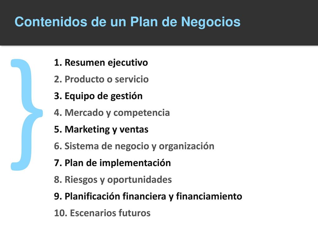 } Contenidos de un Plan de Negocios 1. Resumen ejecutivo