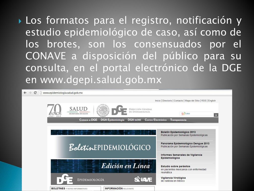 Los formatos para el registro, notificación y estudio epidemiológico de caso, así como de los brotes, son los consensuados por el CONAVE a disposición del público para su consulta, en el portal electrónico de la DGE en
