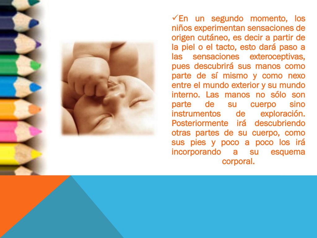 En un segundo momento, los niños experimentan sensaciones de origen cutáneo, es decir a partir de la piel o el tacto, esto dará paso a las sensaciones exteroceptivas, pues descubrirá sus manos como parte de sí mismo y como nexo entre el mundo exterior y su mundo interno.