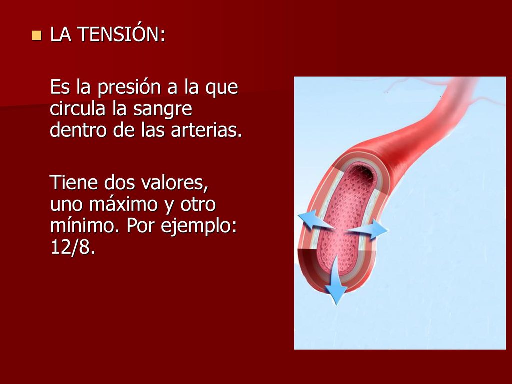 LA TENSIÓN: Es la presión a la que circula la sangre dentro de las arterias.