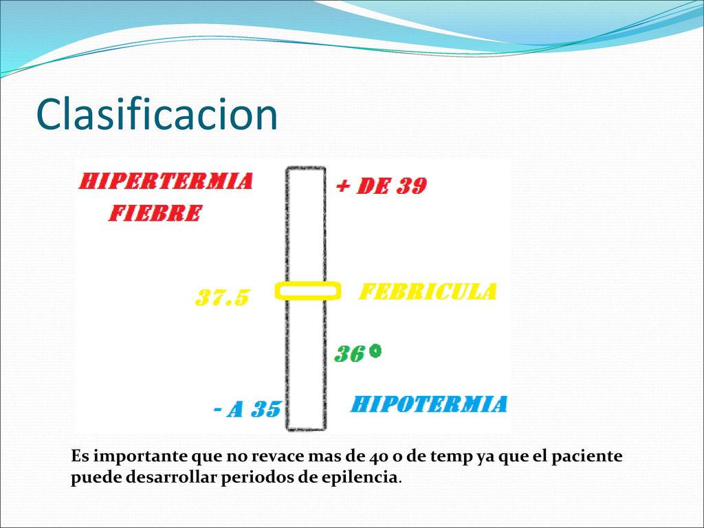 Clasificacion Es importante que no revace mas de 40 o de temp ya que el paciente puede desarrollar periodos de epilencia.