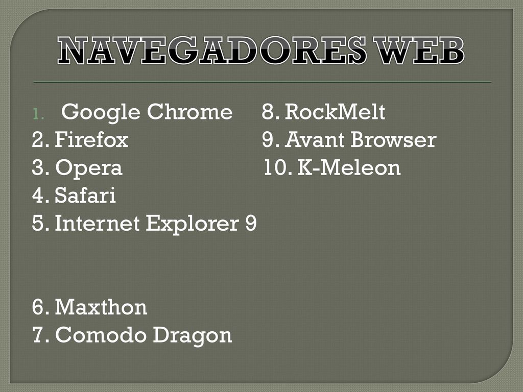 NAVEGADORES WEB Google Chrome 8. RockMelt 2. Firefox 9. Avant Browser