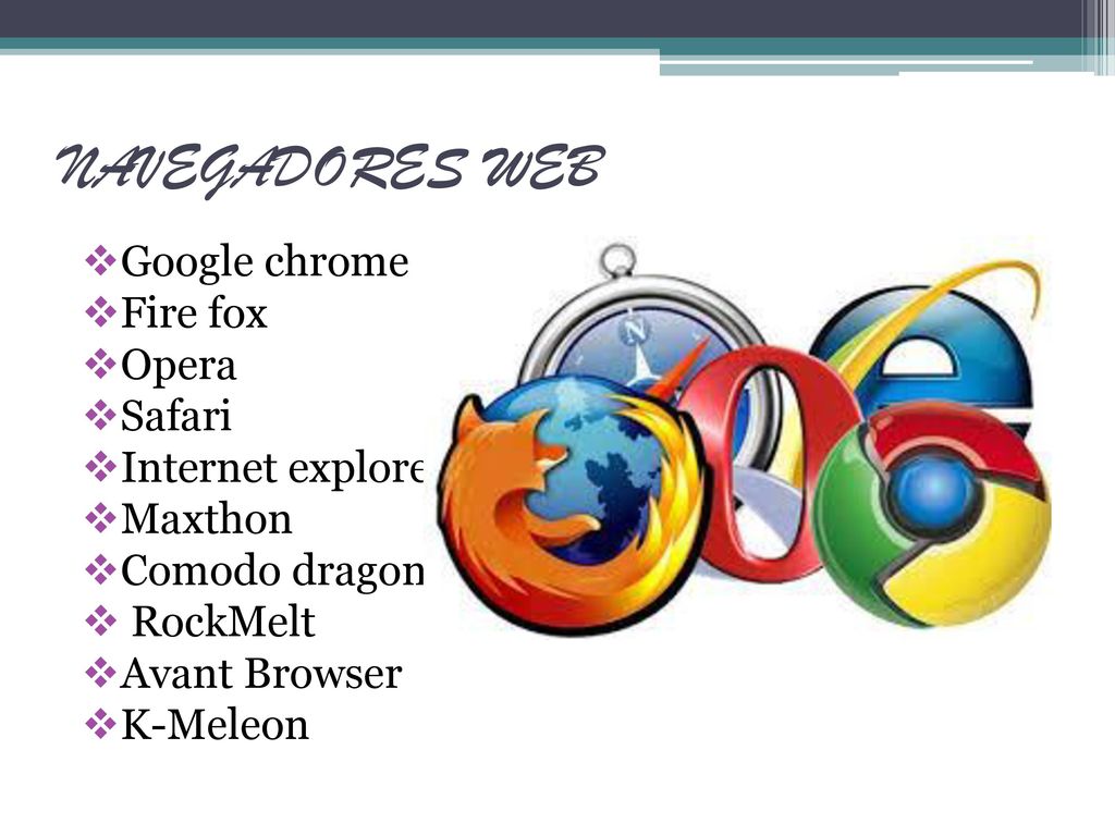 NAVEGADORES WEB Google chrome Fire fox Opera Safari Internet explorer