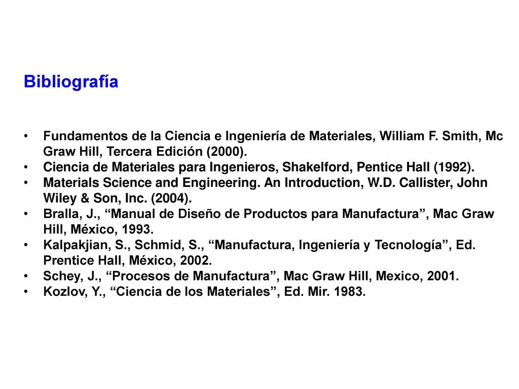 Bibliografía Fundamentos de la Ciencia e Ingeniería de Materiales, William F. Smith, Mc Graw Hill, Tercera Edición (2000).