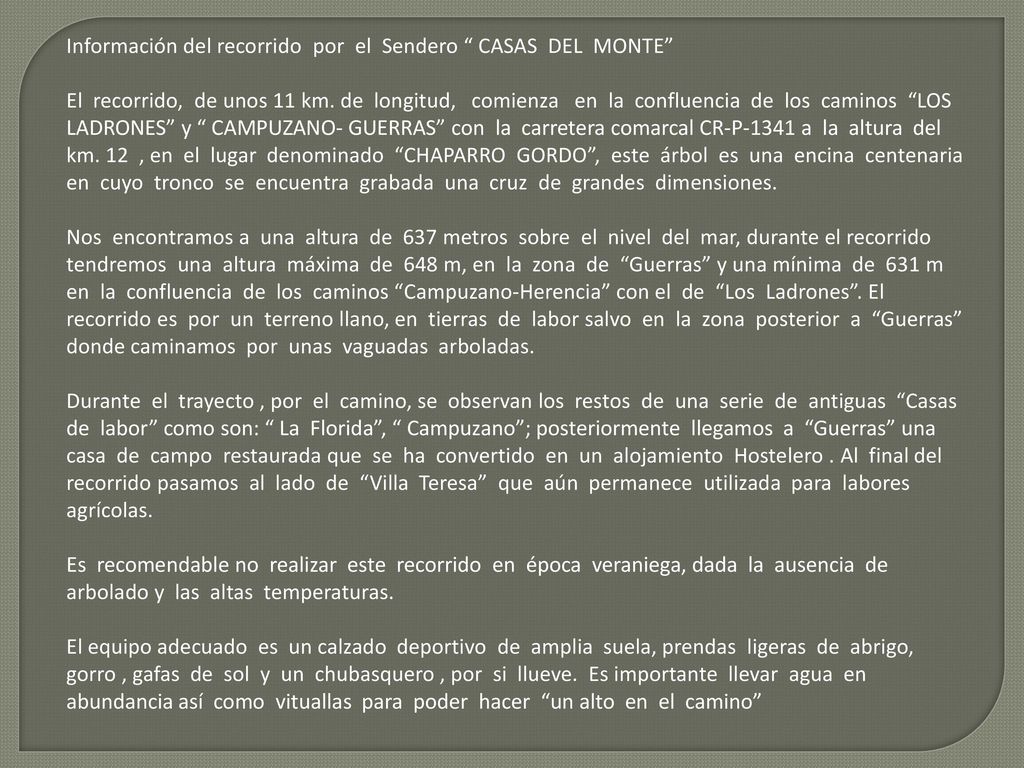 Información del recorrido por el Sendero CASAS DEL MONTE