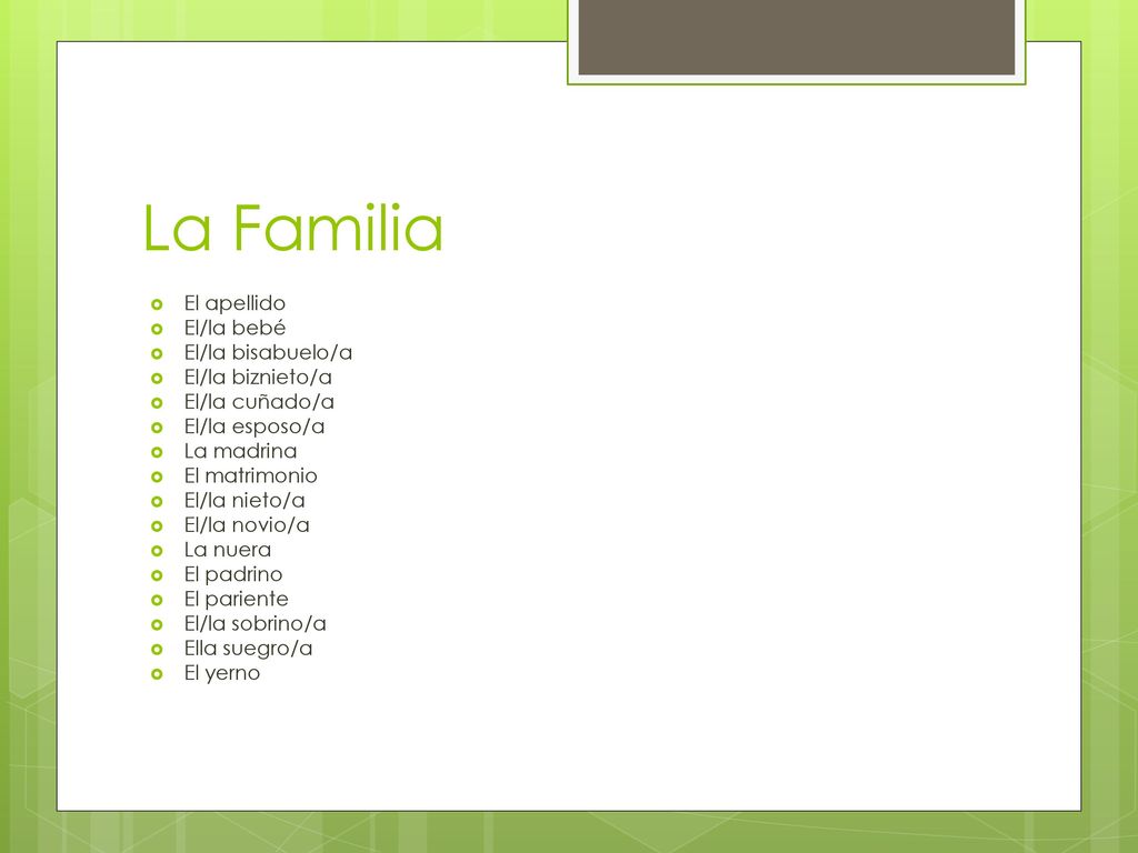 La Familia El apellido El/la bebé El/la bisabuelo/a El/la biznieto/a