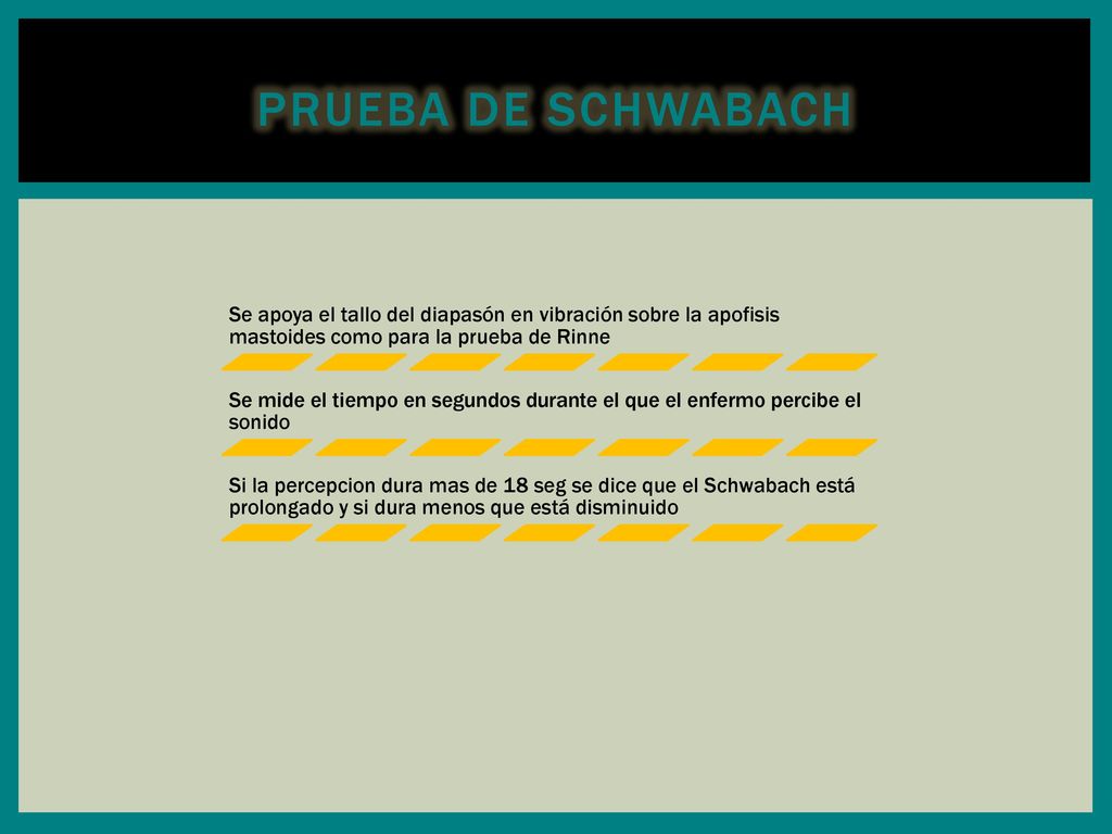 Prueba de Schwabach Se apoya el tallo del diapasón en vibración sobre la apofisis mastoides como para la prueba de Rinne.
