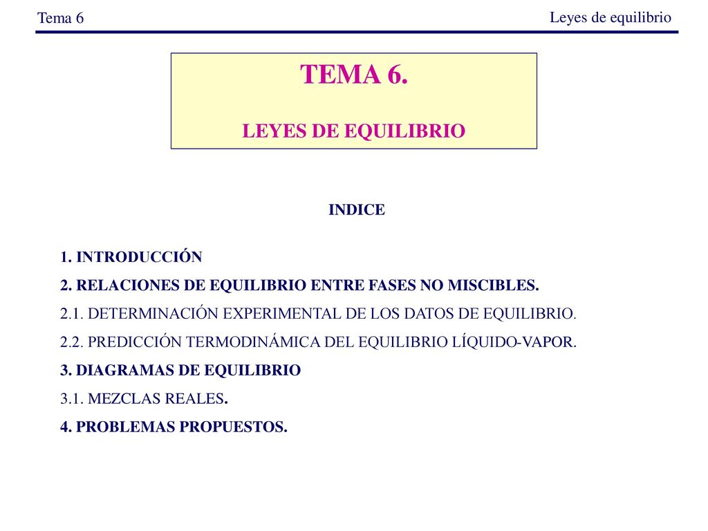 TEMA 6. LEYES DE EQUILIBRIO Tema 6 Leyes de equilibrio INDICE