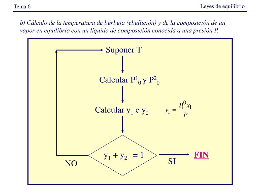 Suponer T Calcular P10 y P20 Calcular y1 e y2 y1 + y2 = 1 SI FIN NO