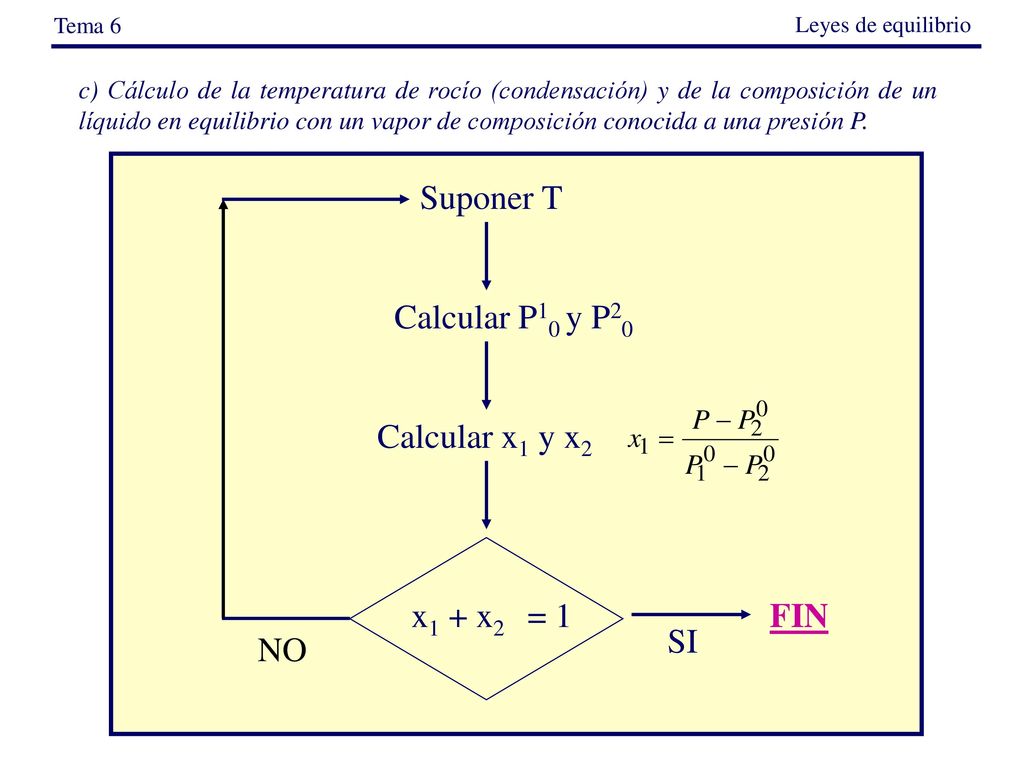 Suponer T Calcular P10 y P20 Calcular x1 y x2 x1 + x2 = 1 SI FIN NO