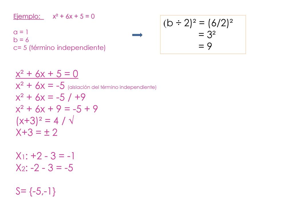 x² + 6x = -5 (aislación del término independiente) x² + 6x = -5 / +9
