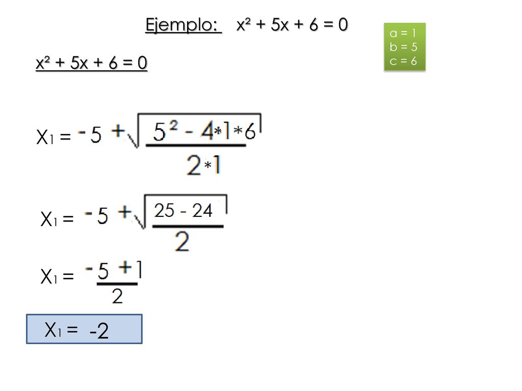 -2 X1 = X1 = X1 = X1 = Ejemplo: x² + 5x + 6 = 0 x² + 5x + 6 = 0 a = 1