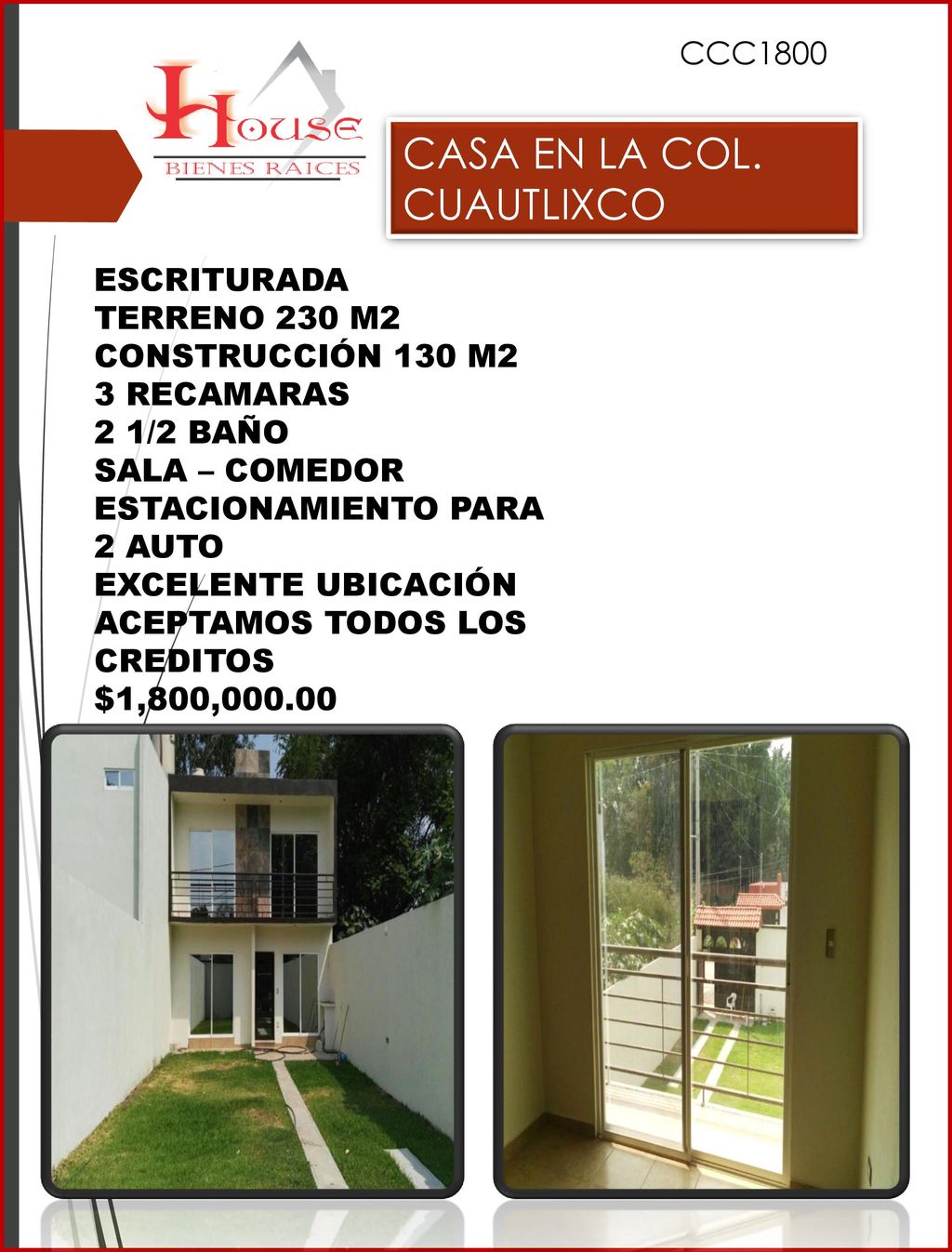 CASA EN LA COL. CUAUTLIXCO CCC1800 ESCRITURADA TERRENO 230 M2