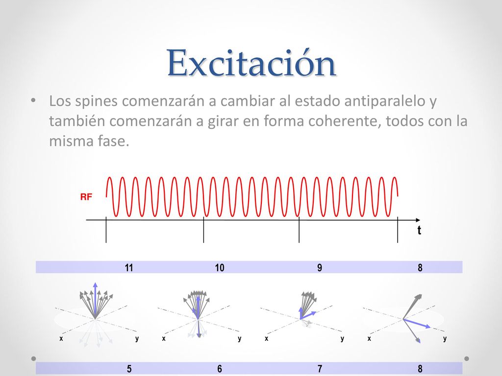 Excitación Los spines comenzarán a cambiar al estado antiparalelo y también comenzarán a girar en forma coherente, todos con la misma fase.