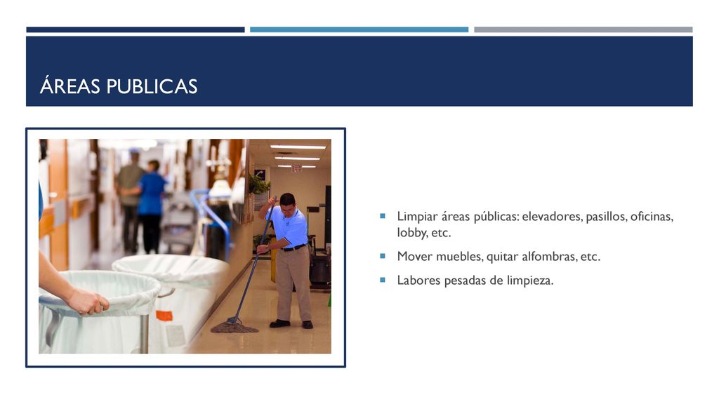 Áreas publicas Limpiar áreas públicas: elevadores, pasillos, oficinas, lobby, etc. Mover muebles, quitar alfombras, etc.
