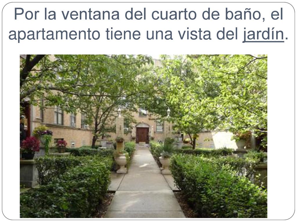 Por la ventana del cuarto de baño, el apartamento tiene una vista del jardín.