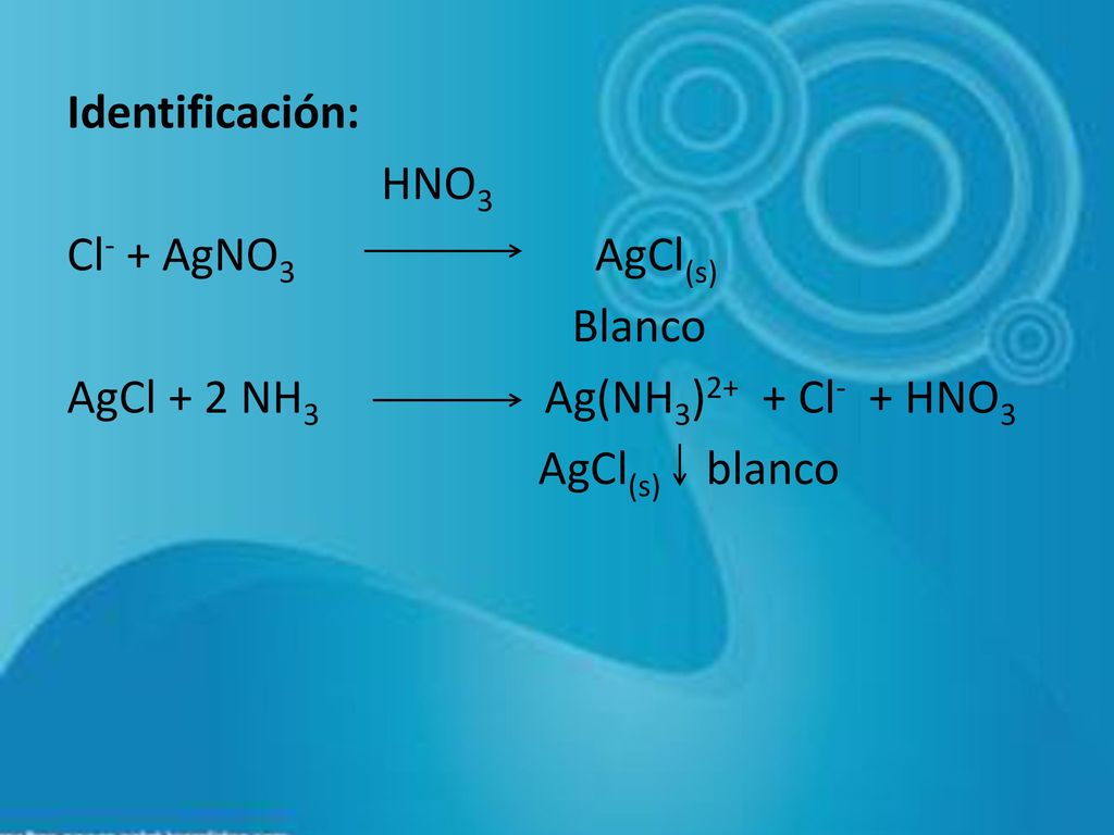 Identificación: HNO3. Cl- + AgNO3 AgCl(s) Blanco. AgCl + 2 NH3 Ag(NH3)2+ + Cl- + HNO3.