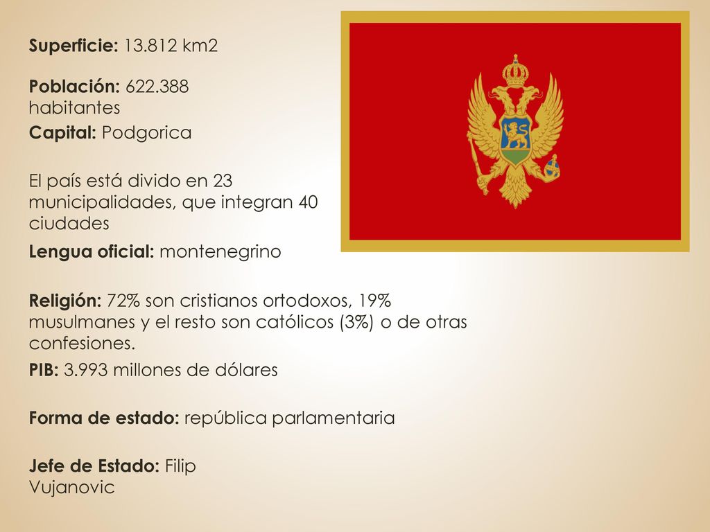 Superficie: km2 Población: habitantes. Capital: Podgorica. El país está divido en 23 municipalidades, que integran 40 ciudades.