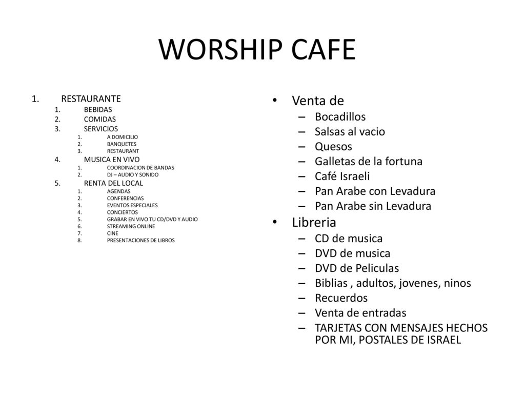 WORSHIP CAFE Venta de Libreria Bocadillos Salsas al vacio Quesos