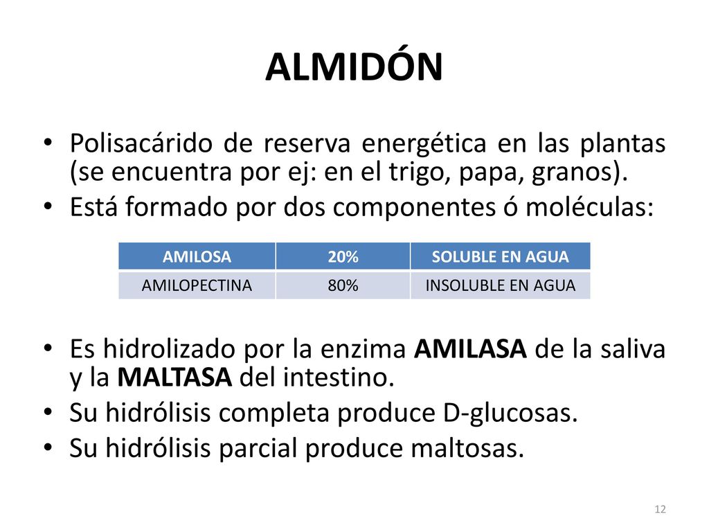 ALMIDÓN Polisacárido de reserva energética en las plantas (se encuentra por ej: en el trigo, papa, granos).