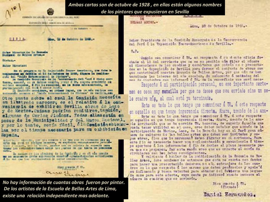 Ambas cartas son de octubre de 1928 , en ellas están algunos nombres de los pintores que expusieron en Sevilla
