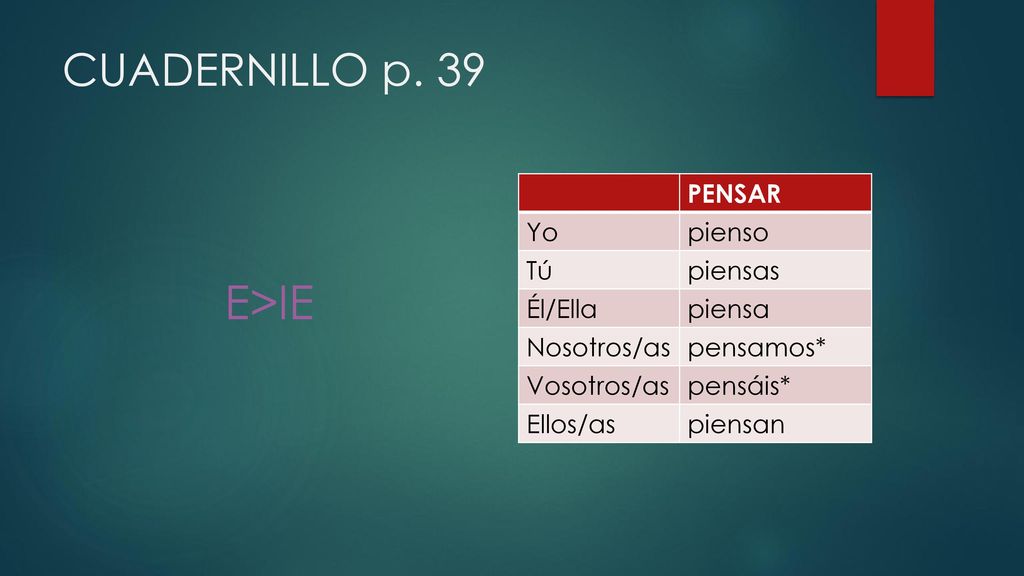 E>IE CUADERNILLO p. 39 PENSAR Yo pienso Tú piensas Él/Ella piensa