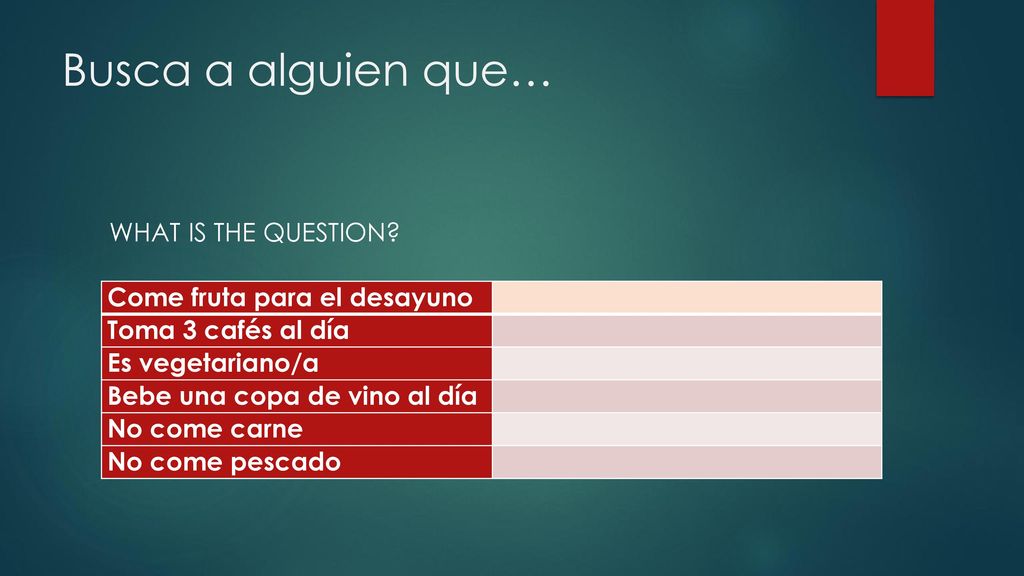 Busca a alguien que… WHAT IS THE QUESTION Come fruta para el desayuno