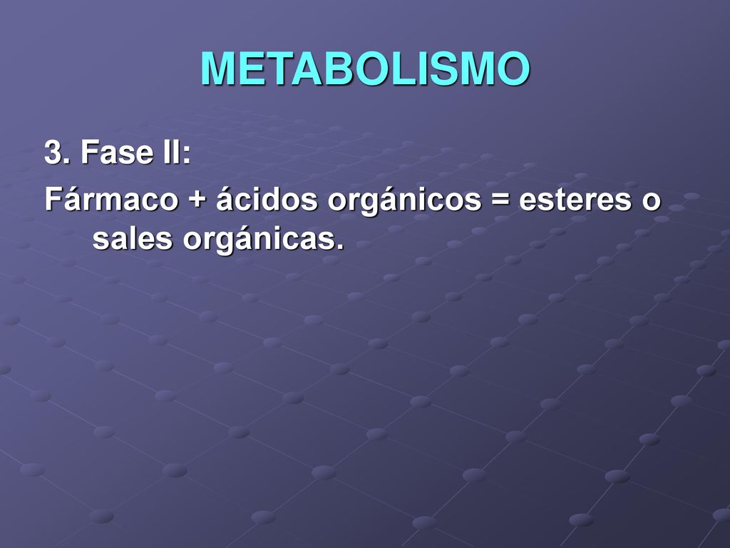 METABOLISMO 3. Fase II: Fármaco + ácidos orgánicos = esteres o sales orgánicas.