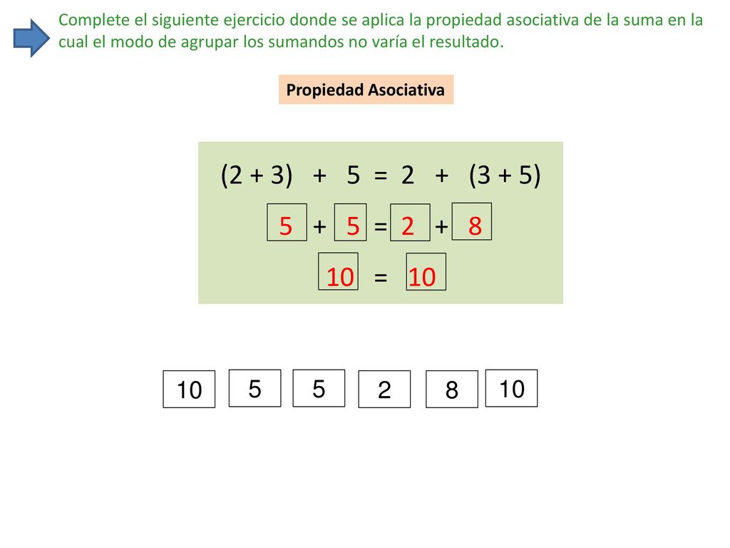 Complete el siguiente ejercicio donde se aplica la propiedad asociativa de la suma en la cual el modo de agrupar los sumandos no varía el resultado.