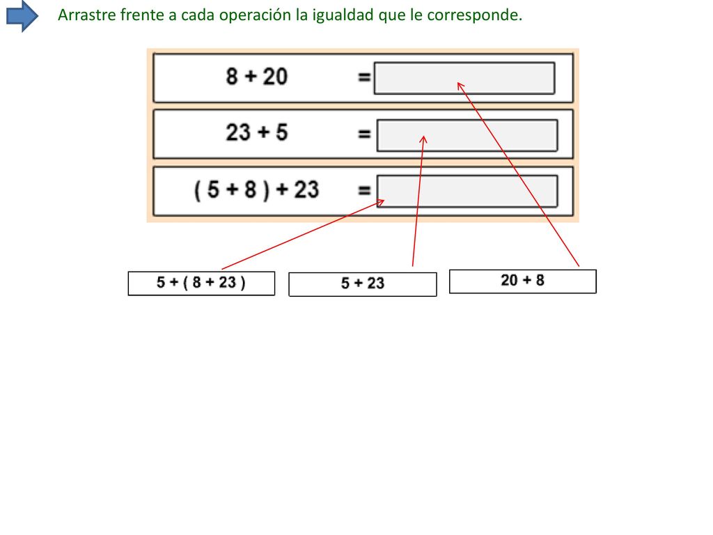 Arrastre frente a cada operación la igualdad que le corresponde.