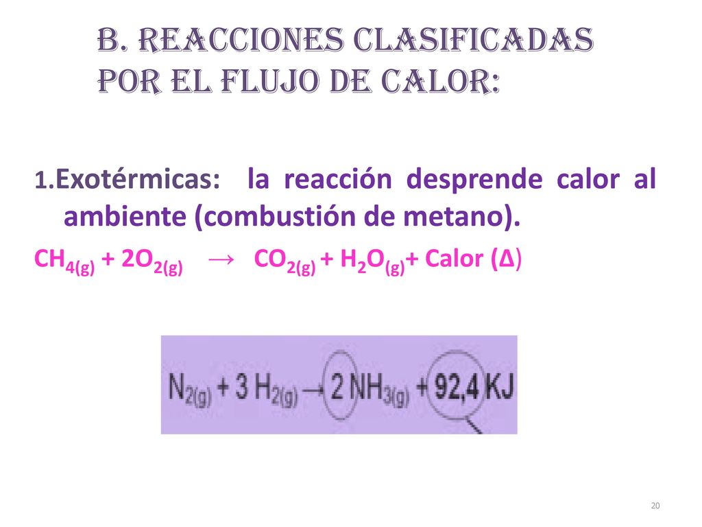 B. Reacciones clasificadas por el flujo de calor: