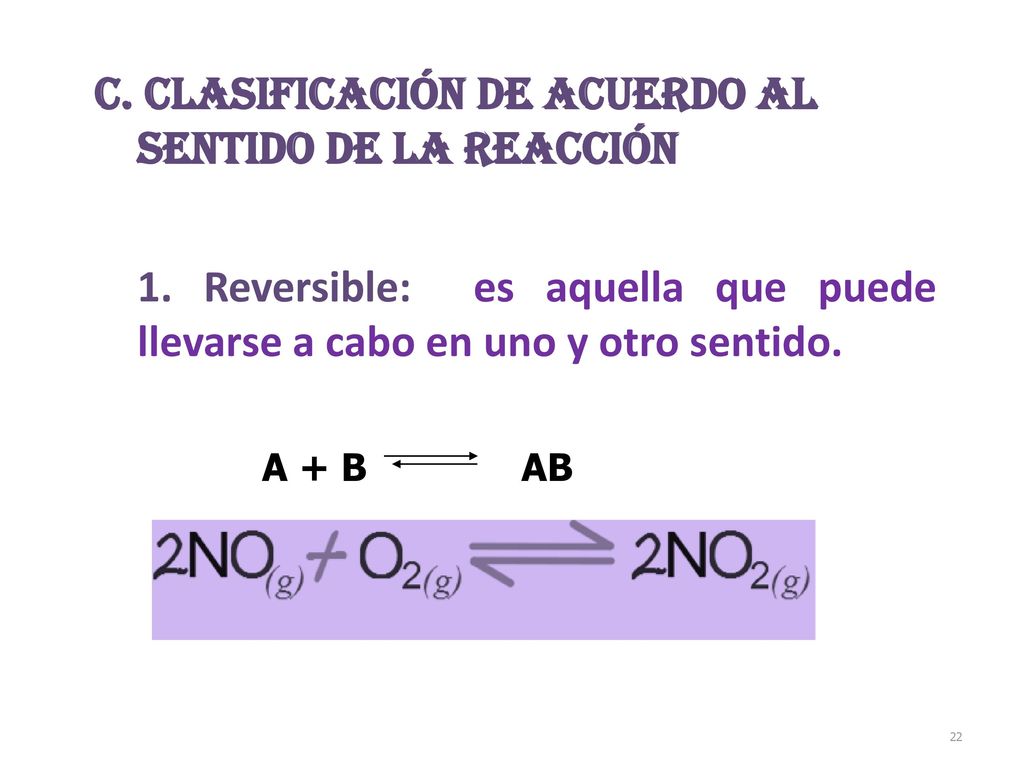 C. Clasificación de acuerdo al sentido de la Reacción 1