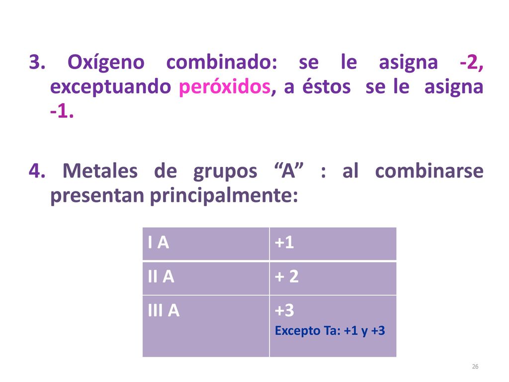 3. Oxígeno combinado: se le asigna -2, exceptuando peróxidos, a éstos se le asigna Metales de grupos A : al combinarse presentan principalmente: