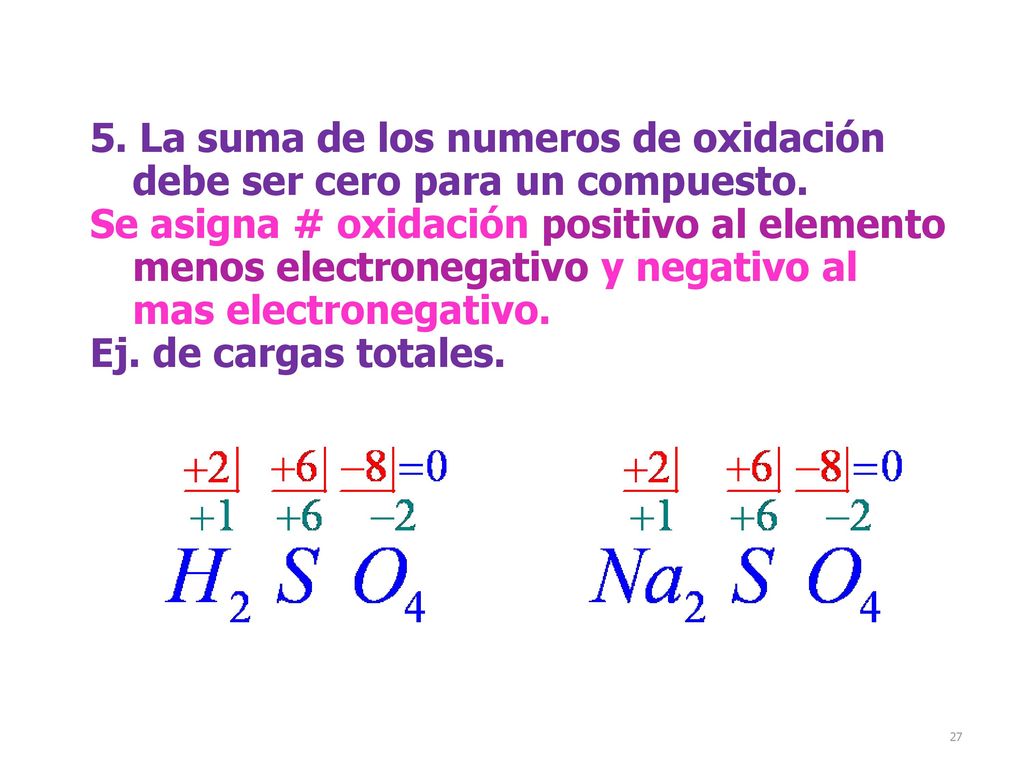 5. La suma de los numeros de oxidación debe ser cero para un compuesto.