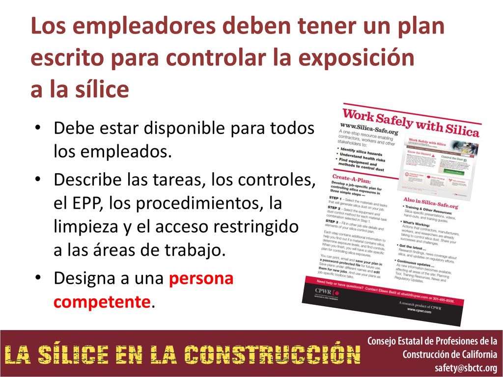 Los empleadores deben tener un plan escrito para controlar la exposición a la sílice