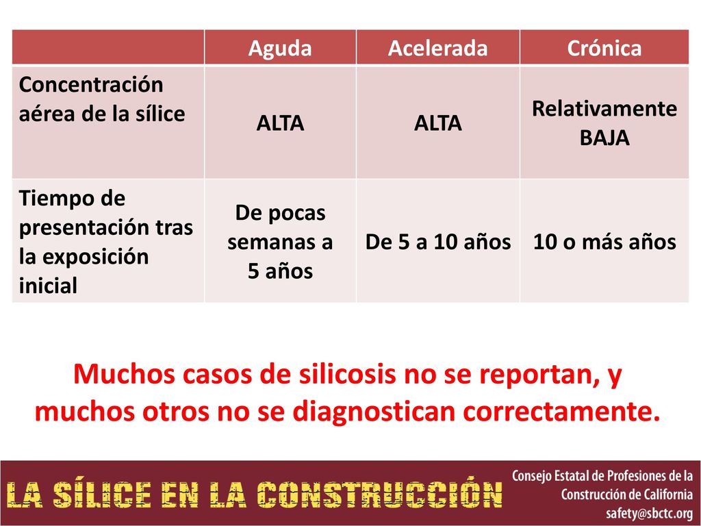 Aguda Acelerada. Crónica. Concentración aérea de la sílice. ALTA. Relativamente BAJA. Tiempo de presentación tras la exposición inicial.